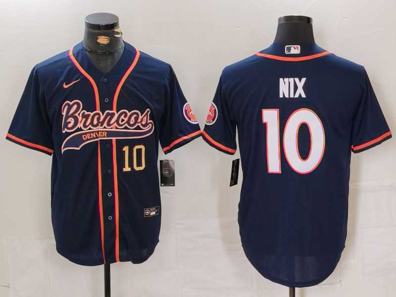 Mens Denver Broncos #10 Bo Nix Number Navy Cool Base Stitched Baseball Jersey